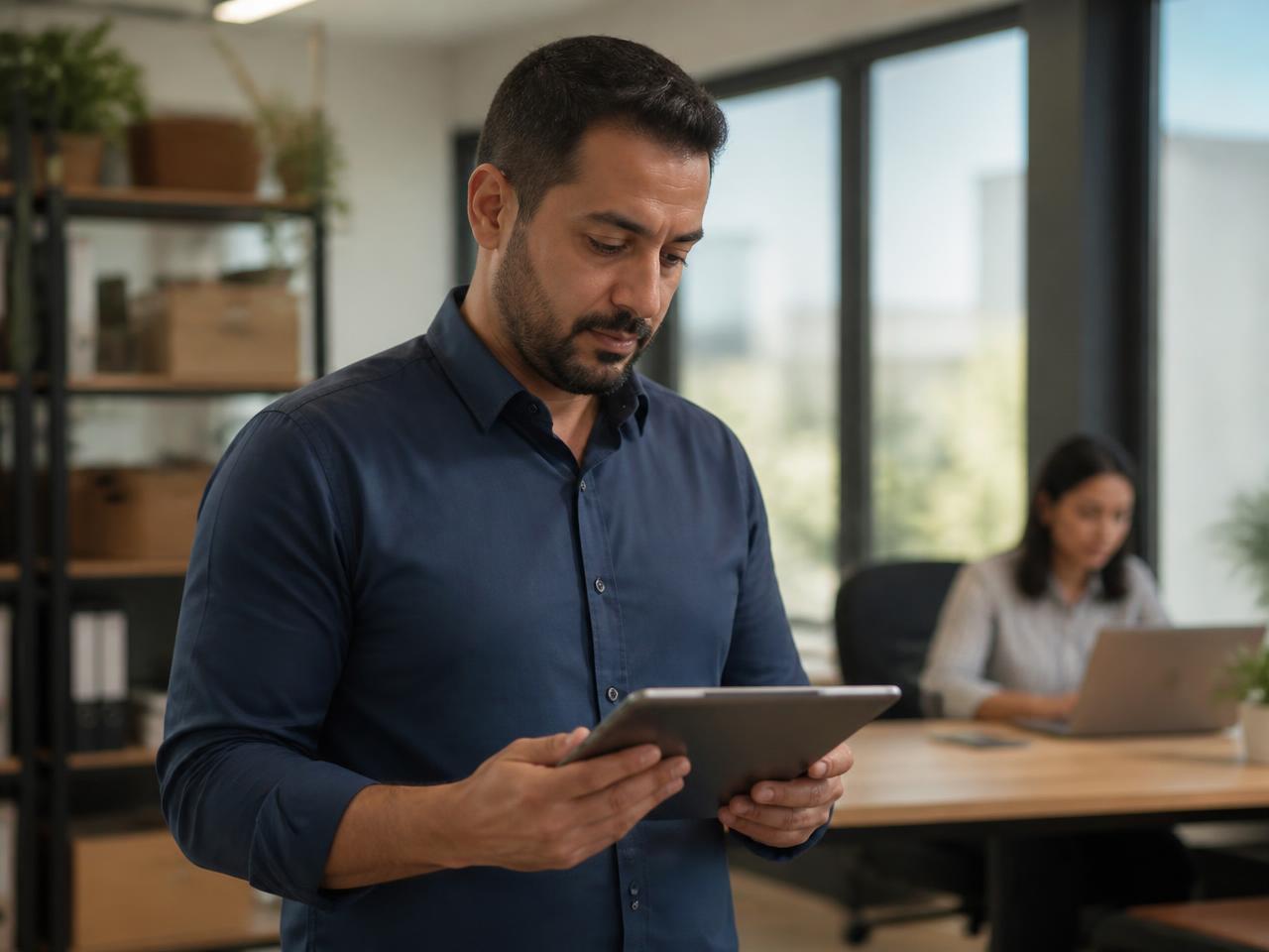 Business owner checking a customer order on a tablet while a colleague works behind him.