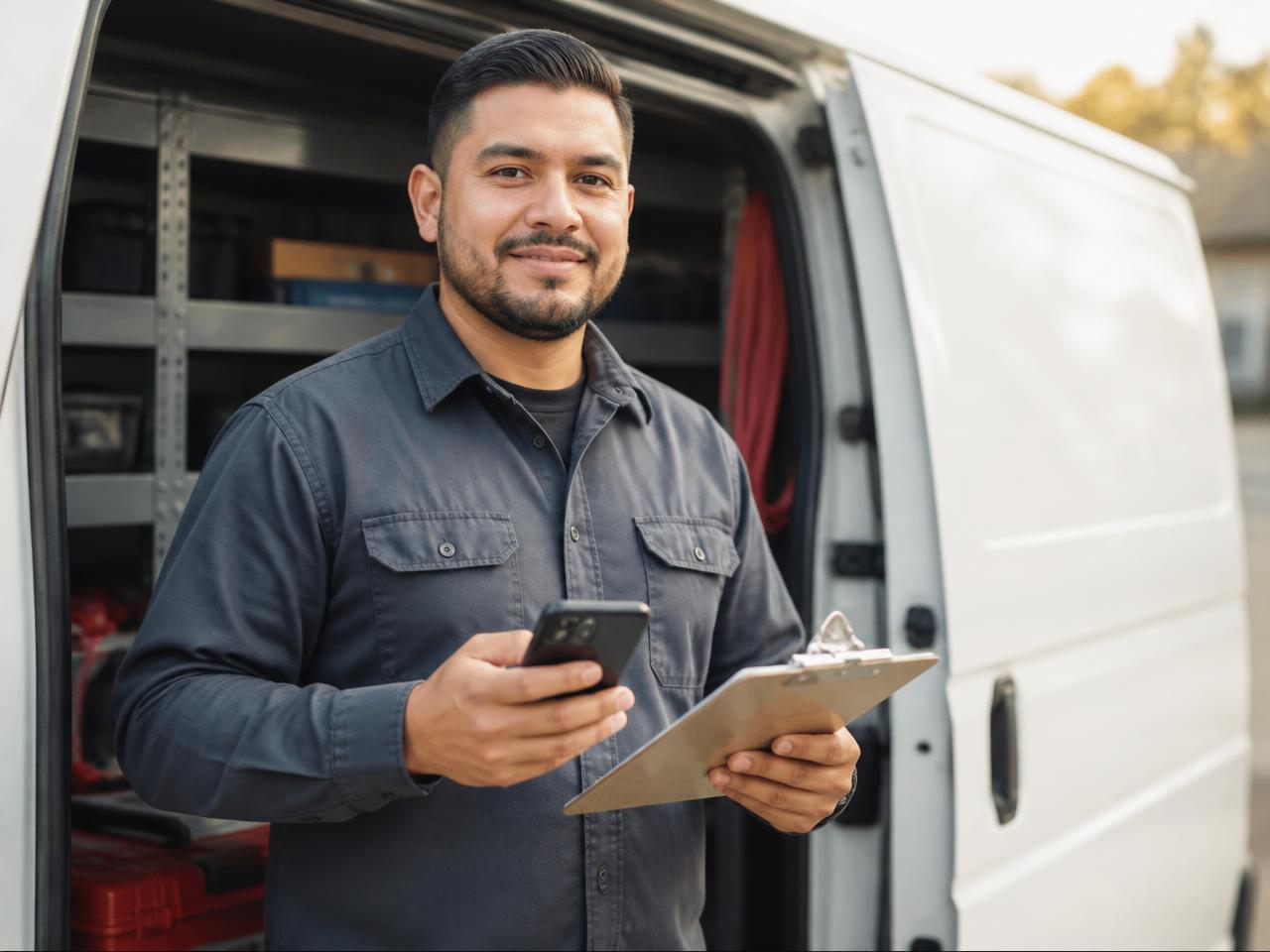 Service business owner beside his work van with a job sheet and phone.